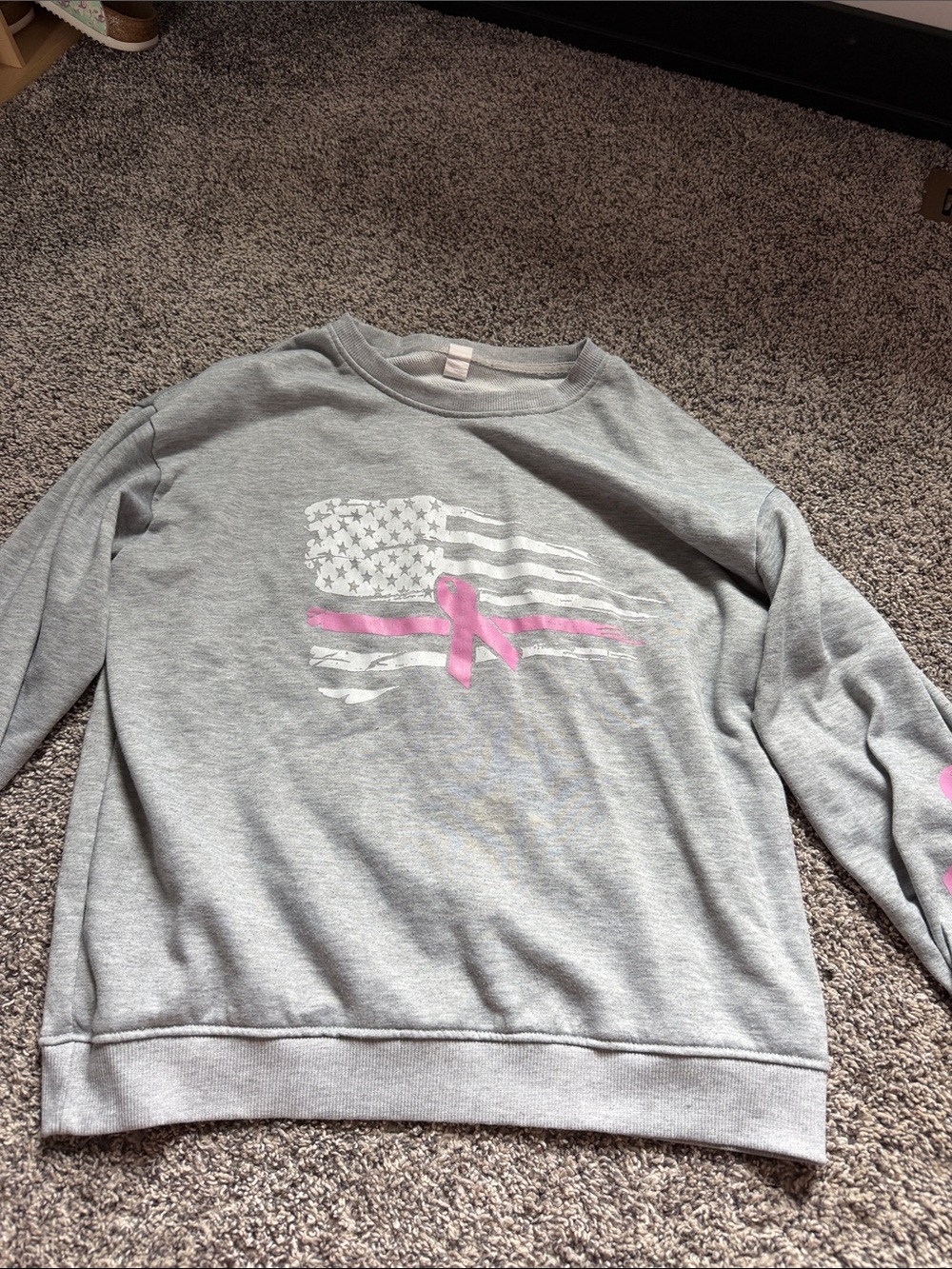 Gray Crewneck Sweatshirt with Pink Ribbon Detail